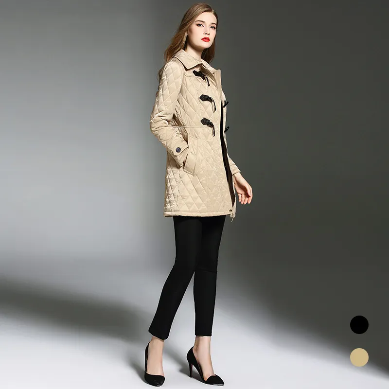 Fashion-g England Style winter trench coat for woman double Horn buckle cotton coat women's long section khaki black trench coat