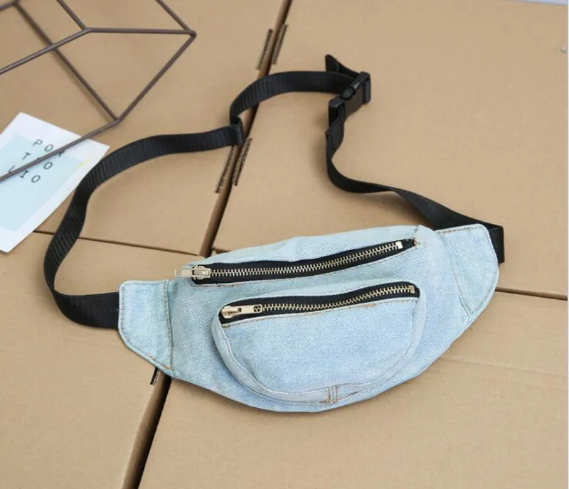 5PCS Waist Bags Kvinnor Demin Plain Casual Waist Fanny Pack 2Colors Cowboy Top Zipper Chest Bags