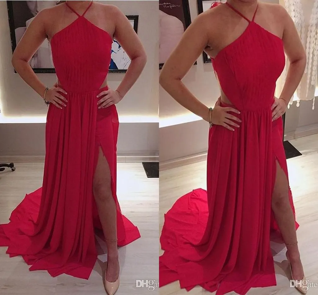 Sexy Halter Neck Red Szyfonowa A - Linia Prom Dresses Plees High Side Split Evening Party Dresses Hollow Back Foraml Dress Suknie wieczorowe