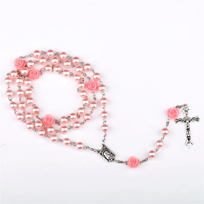 Rosa Rose Rosary Jesus Cross Pendant Halsband 6mm Pärlor Imitation Pearl Chain Rection Necklace Vintage Smycken Julklapp till kvinnor