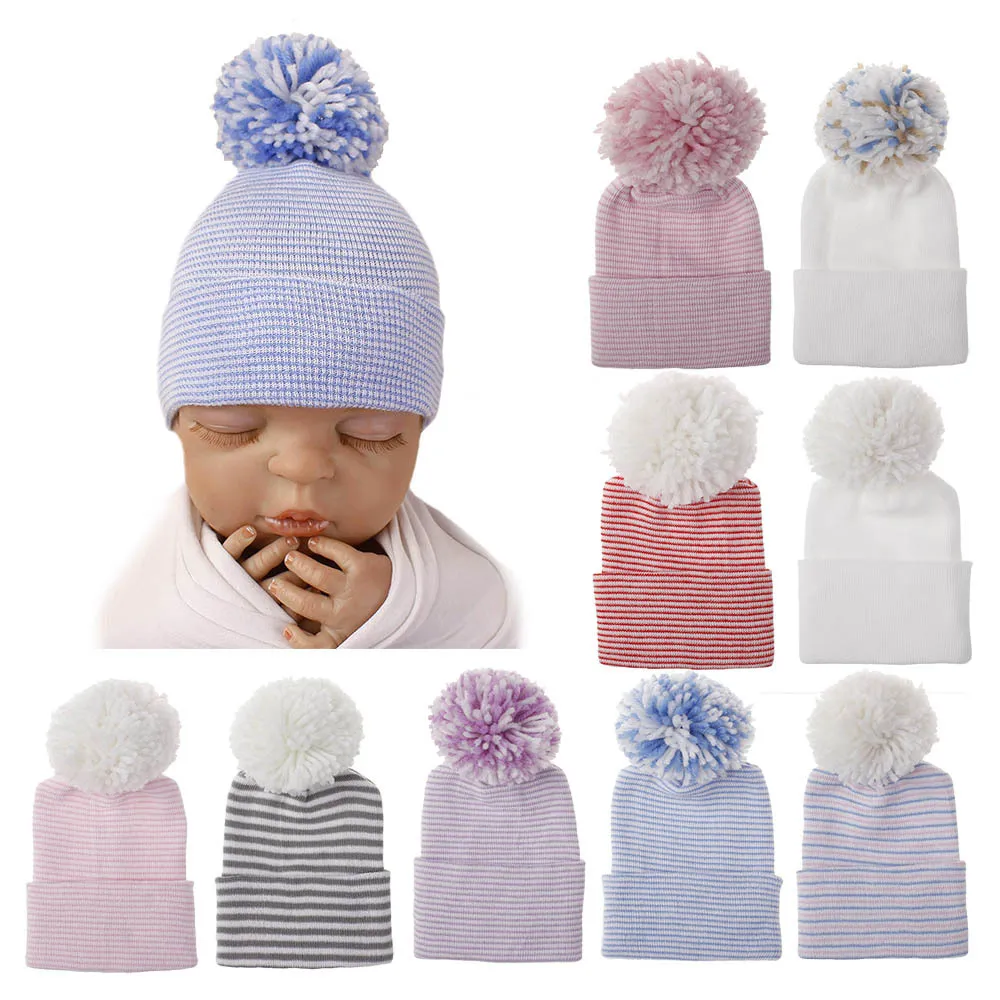 10 stijlen Dubbele verdikking Pasgeboren Gestreepte Hoeden voor Winter Katoen Warm Haak Mutsen Cap Infant Bont Bal Hat Baby Knit Caps M756