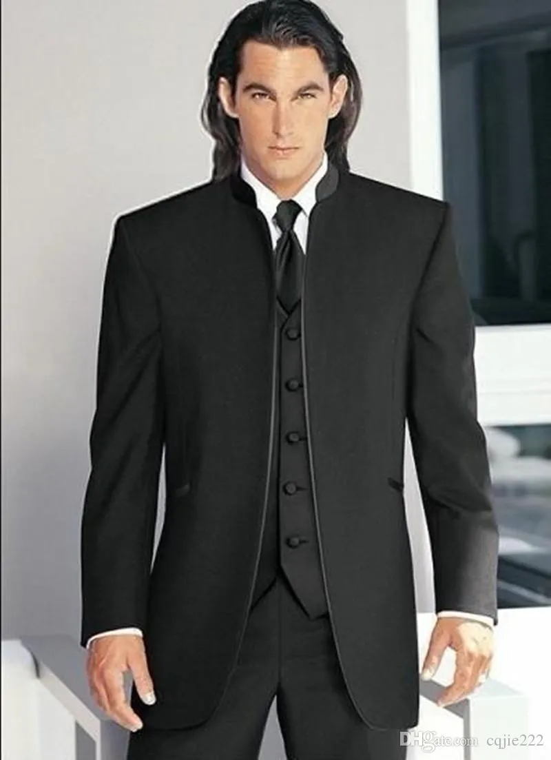 Yeni Satış İlk Damat Smokin Siyah Mandarin Yaka Best Man Sağdıç Erkekler Düğün Takımları Balo Formu Damat (Ceket + Pantolon + Kravat + Yelek)
