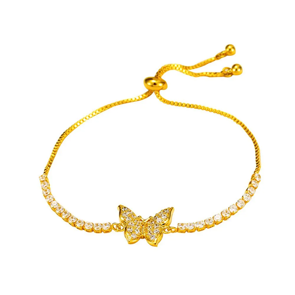 Butterfly Shaped Tiny Zircon Paved Charm Bracelet Adjust Jewelry 18K Yellow Gold Filled Trendy Womens Bracelet Wrist Chain Gift