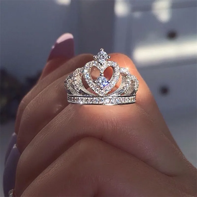 Nieuwe mode zilveren kroon stenen vorm strass crystal ringen vrouwen meisje bruiloft bruids feest ring sieraden