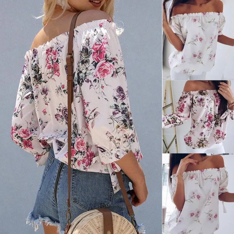 Fashion Women Flower Clothes 3/4 Sleeve Off Shoulder Blouse Tops Ladies Summer Floral Casual Shirts Streetwear S-XL