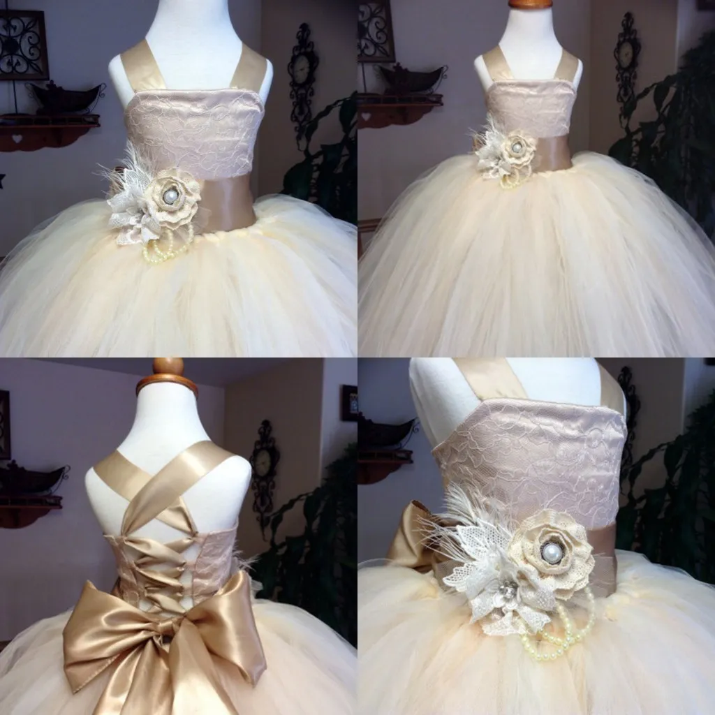 Champagne Flower Girl Dresses Spaghetti Straps Lace Tulle For Weddings Long Litter Girls Pageant Dress Kids Baby Children Communion Gowns 403