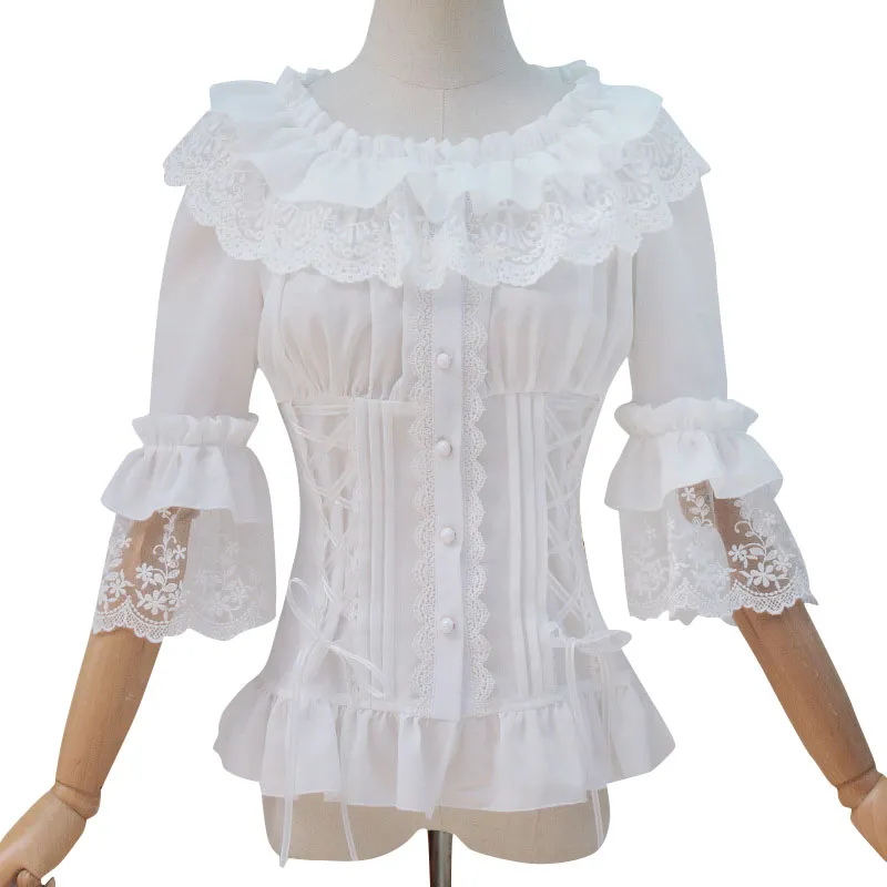 Lolita Kvinnors Chiffon Blouse Vit Svart Half Flare Ärm med Ruffled Layered Collar Side Lace-Up och Lace Accents S-XXL Free Shipping