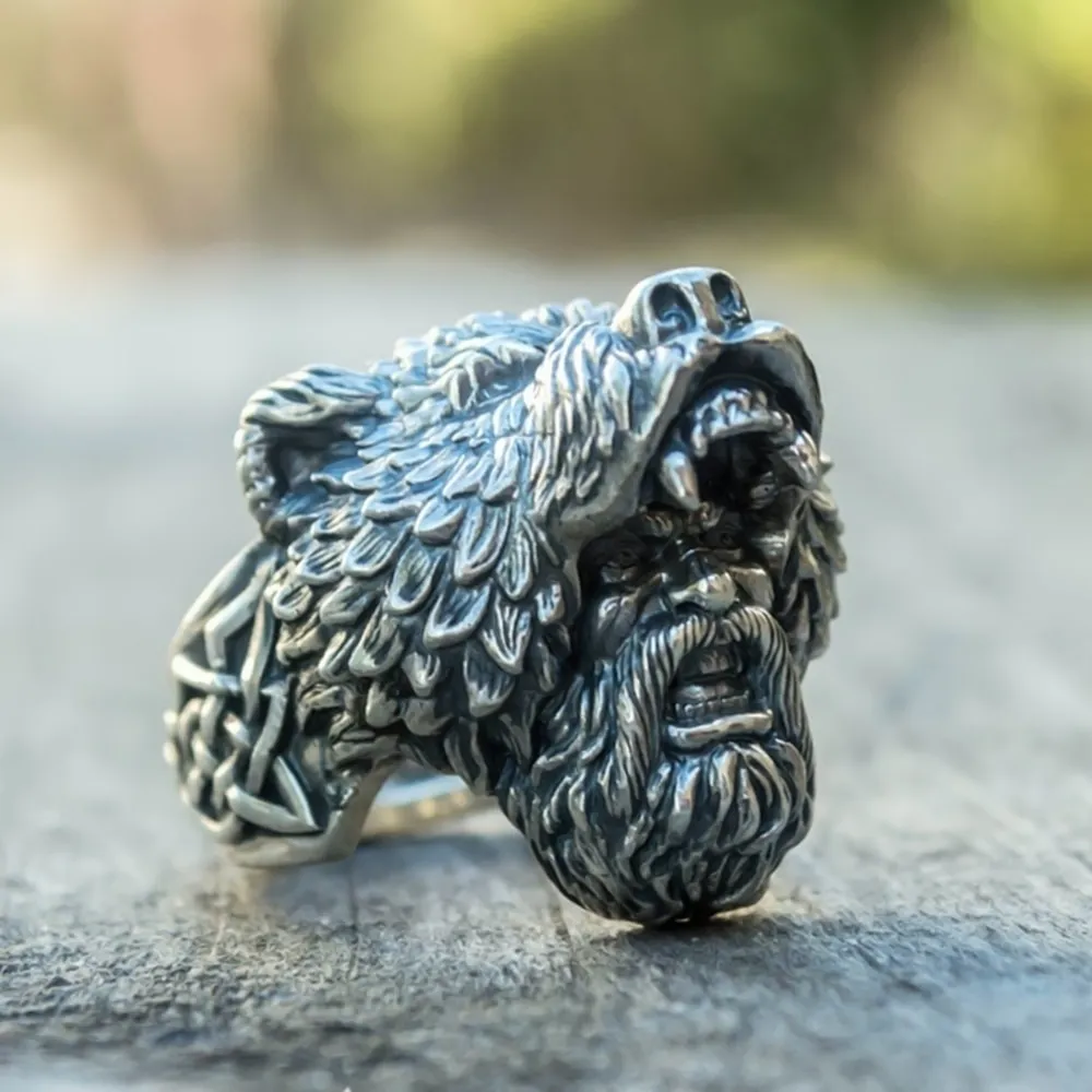 Viking Bear Warrior Ring - Silver Tone 316L Stainless Steel Biker Ring ...
