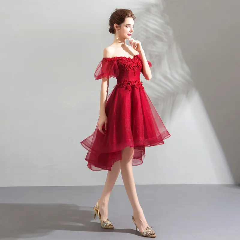 strapless open back dress Red Lace High Low Homecoming Dresses Spaghetti Strap Satin Prom Dress ARD1747 main image 0