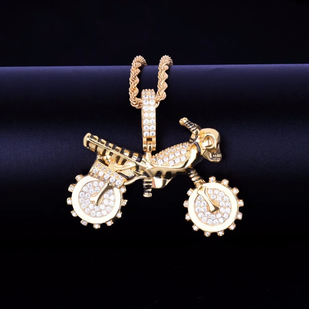 New Men's Skull Head Necklace Skeleton Motorcycle Ride Pendant Iced Out CZ Fashion Hip hop Jewelry