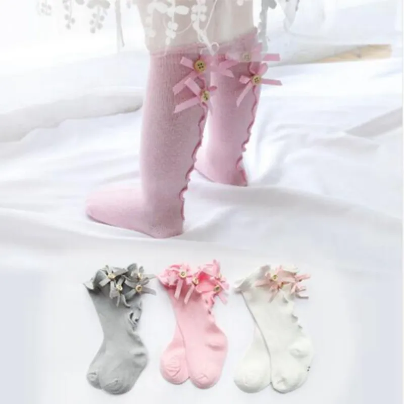 Baby Girls Socks Большой лук малыши для девочек носки мягкие хлопковые кружева детские носки вязаные обороты длинные трубки фонари AT4576