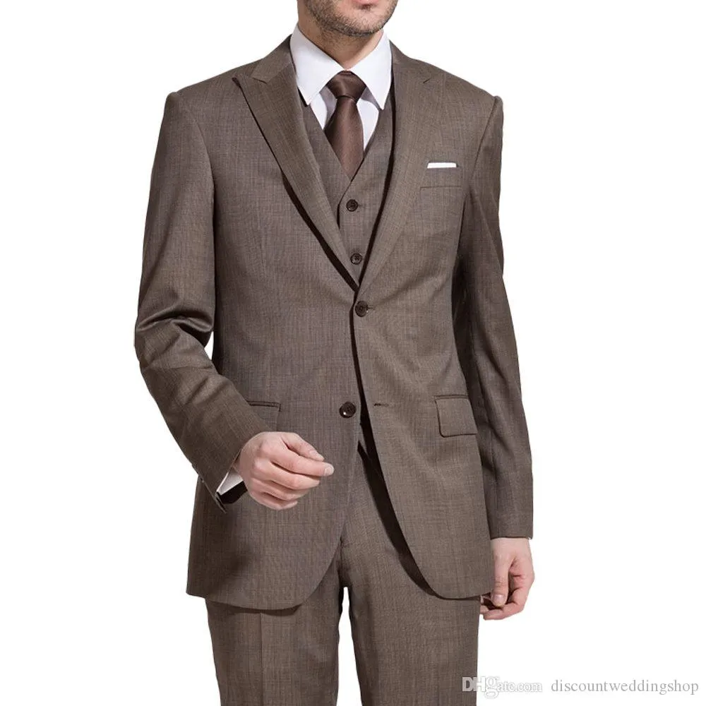 Handsome Man Work Business Suit Brown Wedding Groom Tuxedos Mens Blazer Coat Wiastcoat Trousers Sets (Jacket+Pants+Vest+Tie) J658