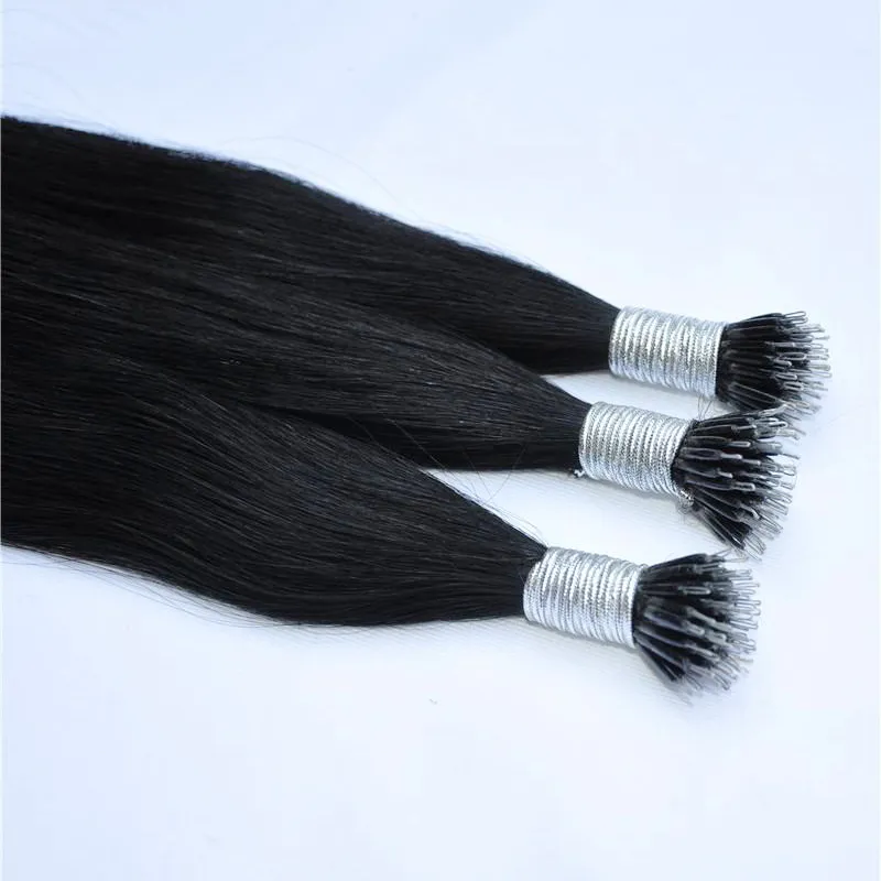 1# svart färg silke rak peruansk nano ring mänskliga hårförlängningar 0,8 g s 200 g pack fabrikspriser alla färger förlängningar