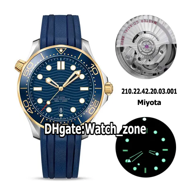 New Diver 300m Date 210.22.42.20.03.001 Blue Texture Dial Miyota 8800 Automatic Mens Watch Two TOne Gold Case Rubber Strap Luxury Watches.