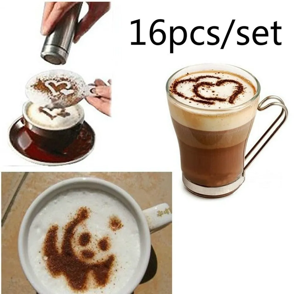 16pcs / 세트 커피 아트 스텐실 카푸치노 꽃 필터 바리 스타 커피 메이커 금형 스프레이 아트 Coffeeware DIY 도구 HHA1112