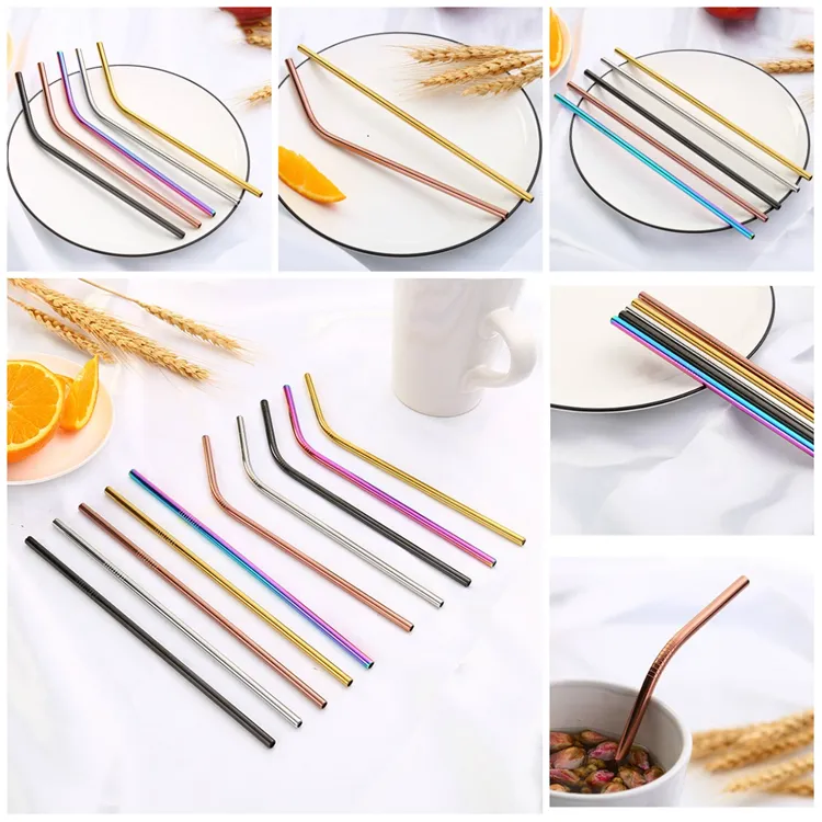 20 styles 304 stainless straws reusable beverage coffee milk straws curved rainbow colored metal straws T3I5691