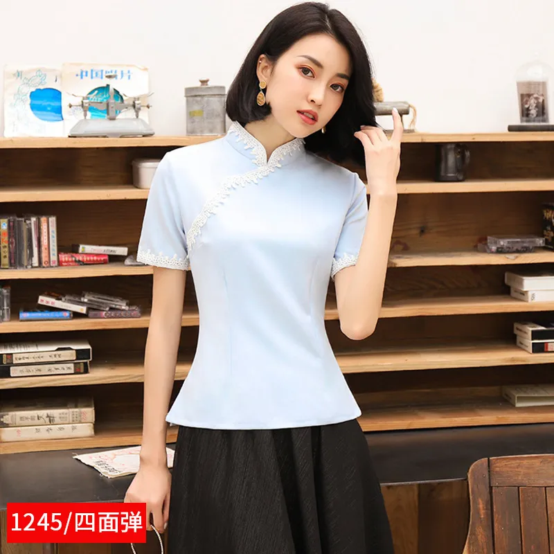 Handmade Mandarin Collar Chinese Collar Blouse In Light Blue