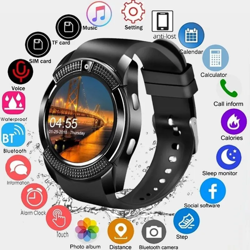 V8 Smartwatch Bluetooth Smart Watch con fotocamera SIM da 0,3 M e orologio con scheda TF per smartphone con sistema Android in scatola