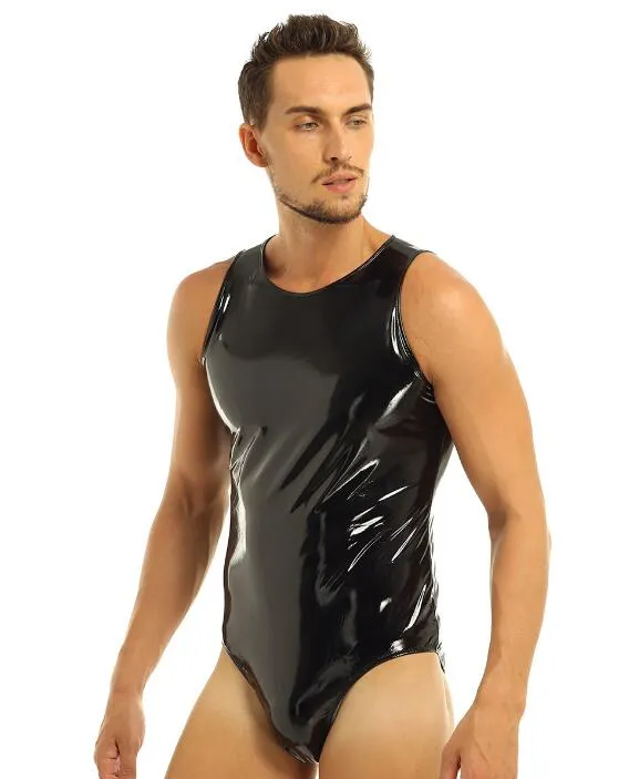 Мужчины сексуальные Catsuit WetLook PVC искусственная кожа цельные кулардные клубная одежда спина с застежкой на молнии комбинезон для мужской