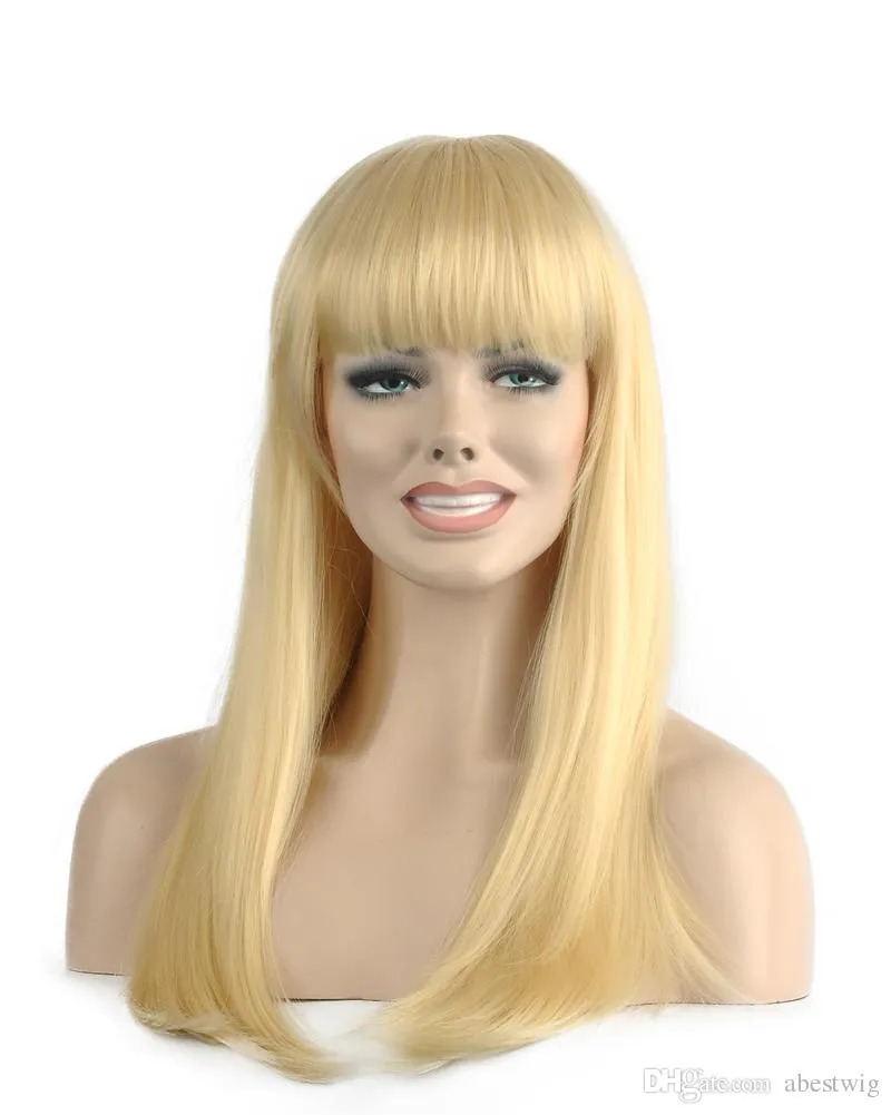 Femmes Longue Charmante Blonde Soignée Bangs Rose Net Droite Kanekalon Résistant À La Chaleur Cosplay Partie Cheveux Perruque Complète Perruque