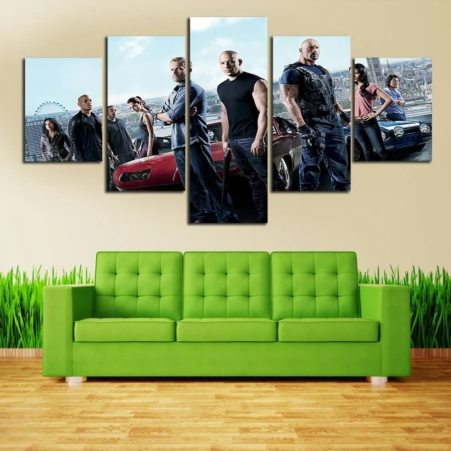 Fast&Furious 5 Panel Canvas Art: HD Wall Print For Living Room Modern, Dynamic, Movie Themed 