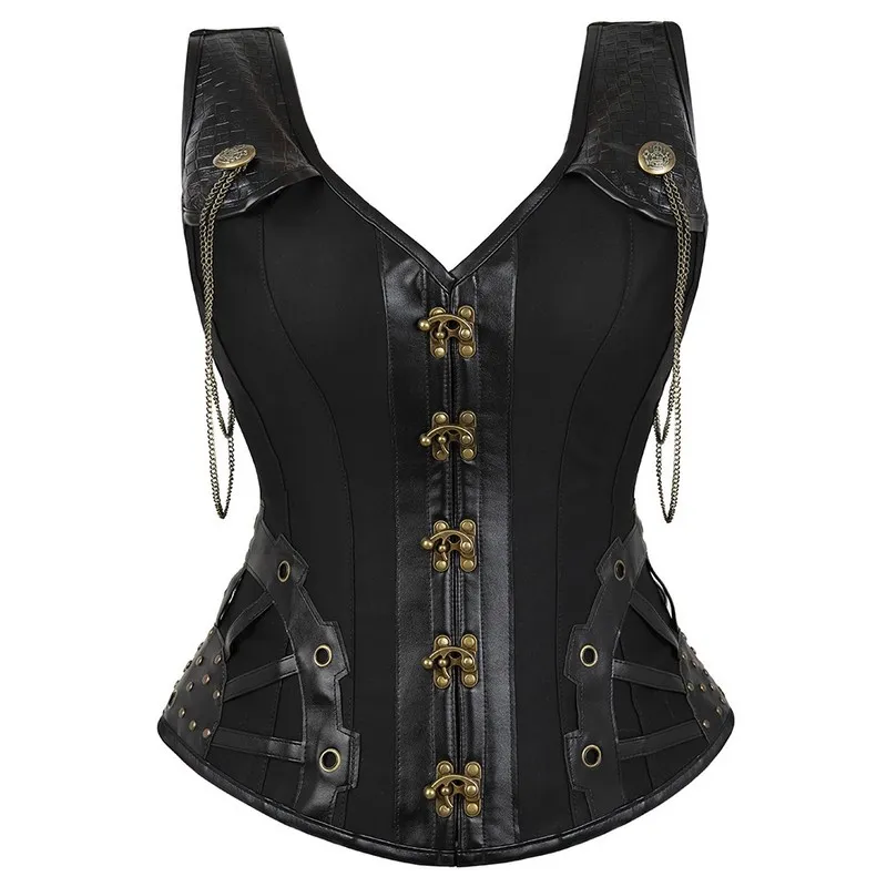 Kobiety Czarny Steampunk Gothic Halterneck Overbus Corset Kamizelka Z Przyciskami i Złotym Łańcuch Akcenty Klasyczne Lace Up Plastic Boned Clubwear XXL