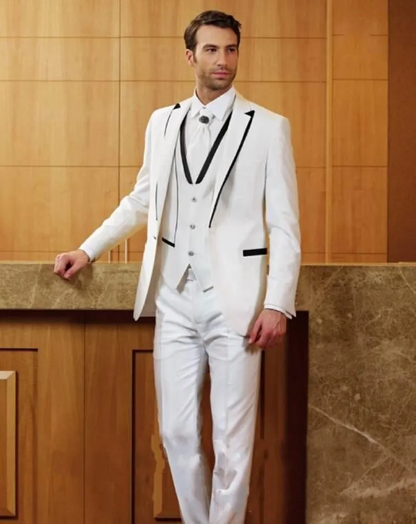 Fashion Ivoor Bruidegom Tuxedos Piek Revers Groomsmen Mens Trouwjurk Populaire Man Jacket Blazer 3 Stuk Suit (Jas + Broek + Vest + Tie) 970
