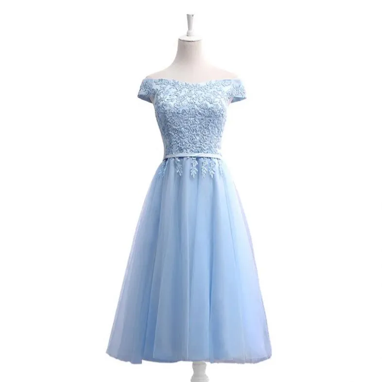 2019 Light Sky Blue Tea-length Bridesmaid Dresses Off-Shoulder Empire Waist Maid of Honor With Applique Honor Bridal Gowns