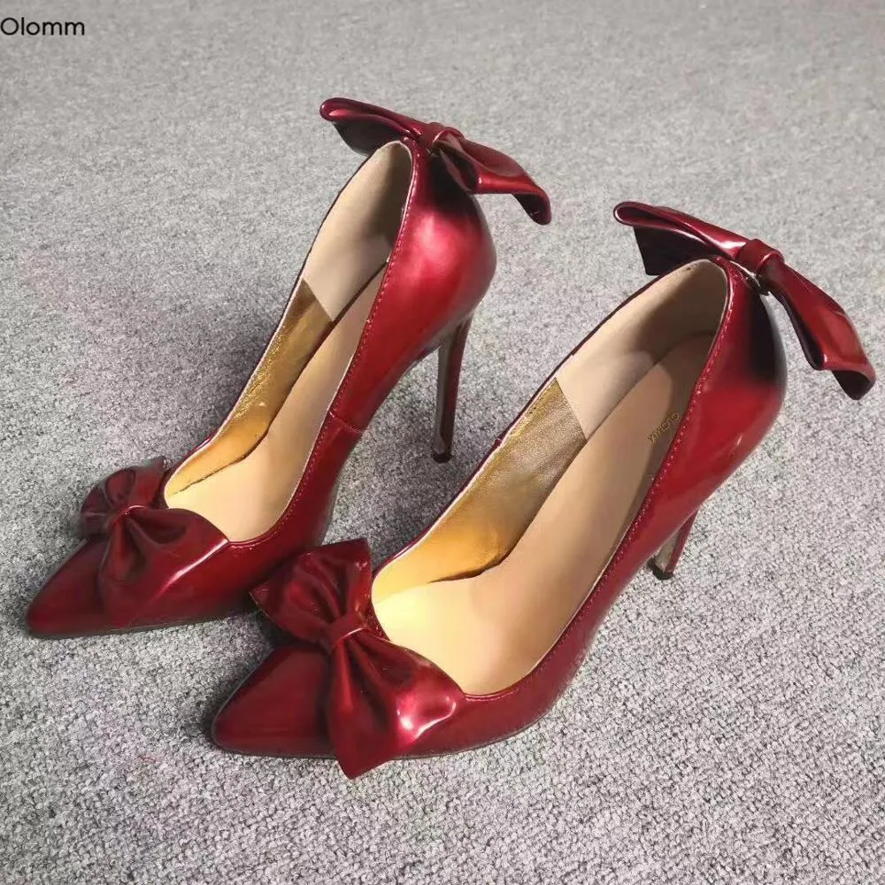 Rontic femmes pompes Sexy mince talons hauts pompes charme papillon noeud bout pointu magnifique vin rouge chaussures de fête femmes taille américaine 5-15