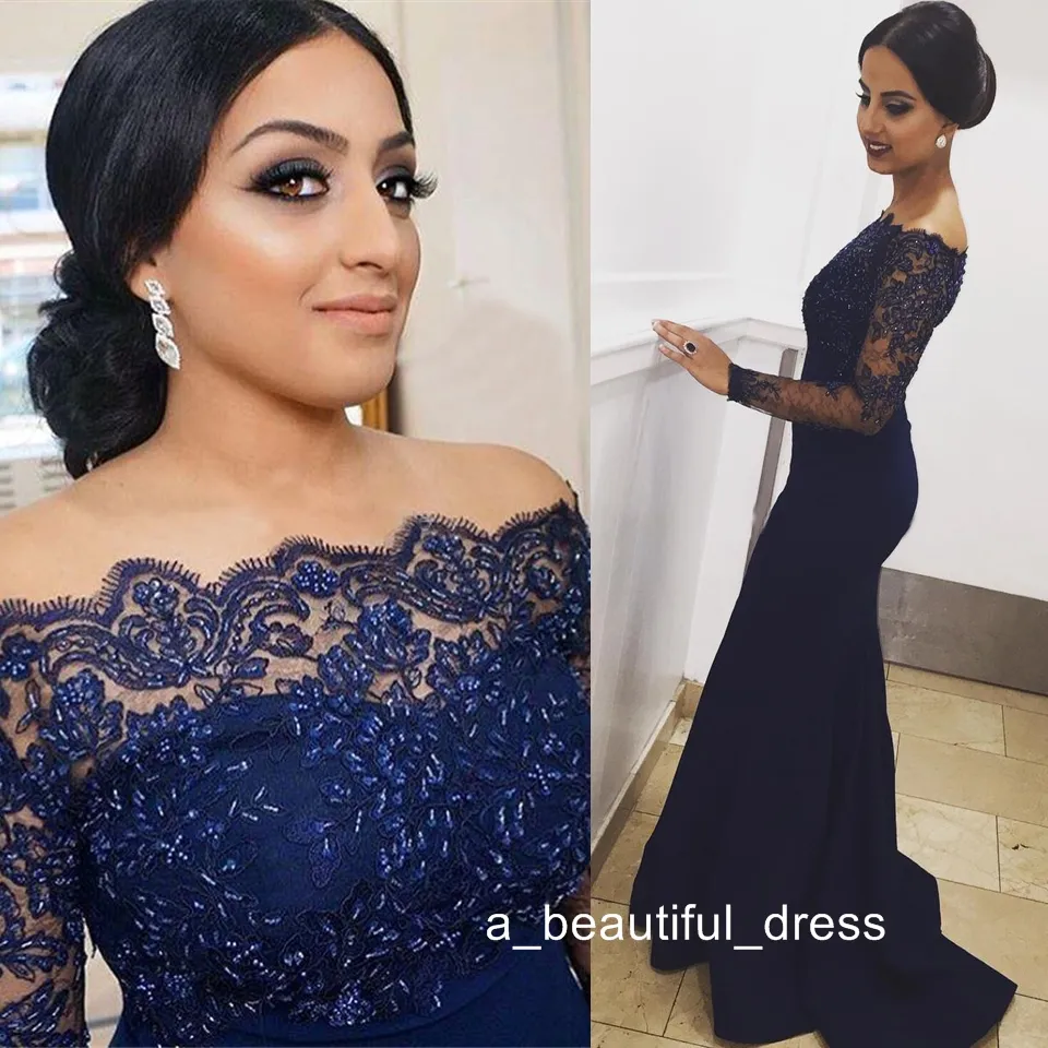Long Sleeves Formal Evening Dresses Off Shoulder Appliques Beading Mermaid Long Navy Blue Prom Party Gowns Vestidos Plus Size Custom PD5557