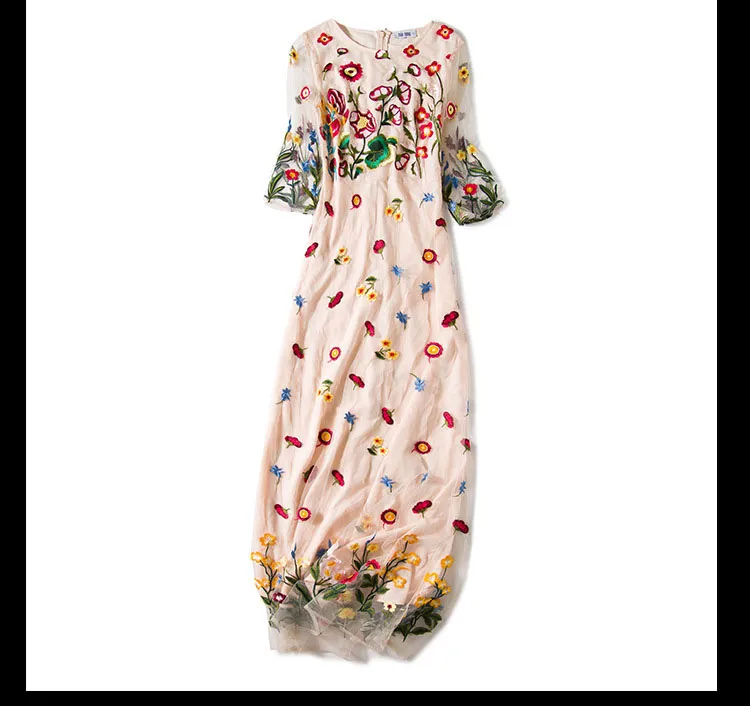 2019年夏のデザインデスムス女性のOネック3/4スリーブ刺繍エレガントな長い滑走路ドレス1
