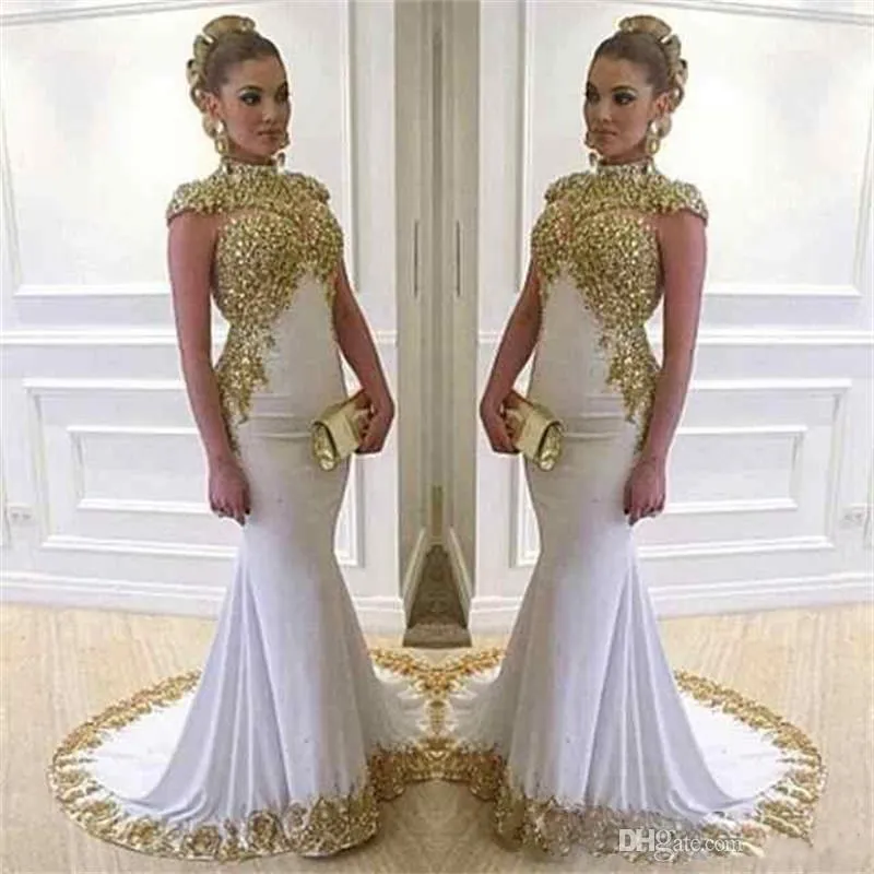 2023 New Lace Women Wear Shiny Vestido De Festa High Neck Long Cap Sleeve White Dubai Formal Prom Gowns Saudi Arabia Mermaid Evening Dresses