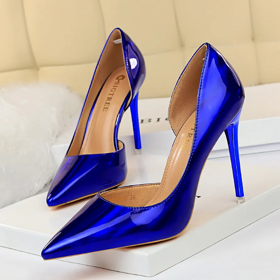 with box size 34 to 42 43 glossy patent PU pointed toe metal high heel designer pumps fashion luxury designer women shoes