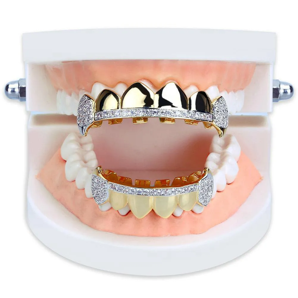 18K Real Gold Teeth Grillz Caps Iced Out Top Bottom Vampire Fangs Dental Grill Set Wholesale