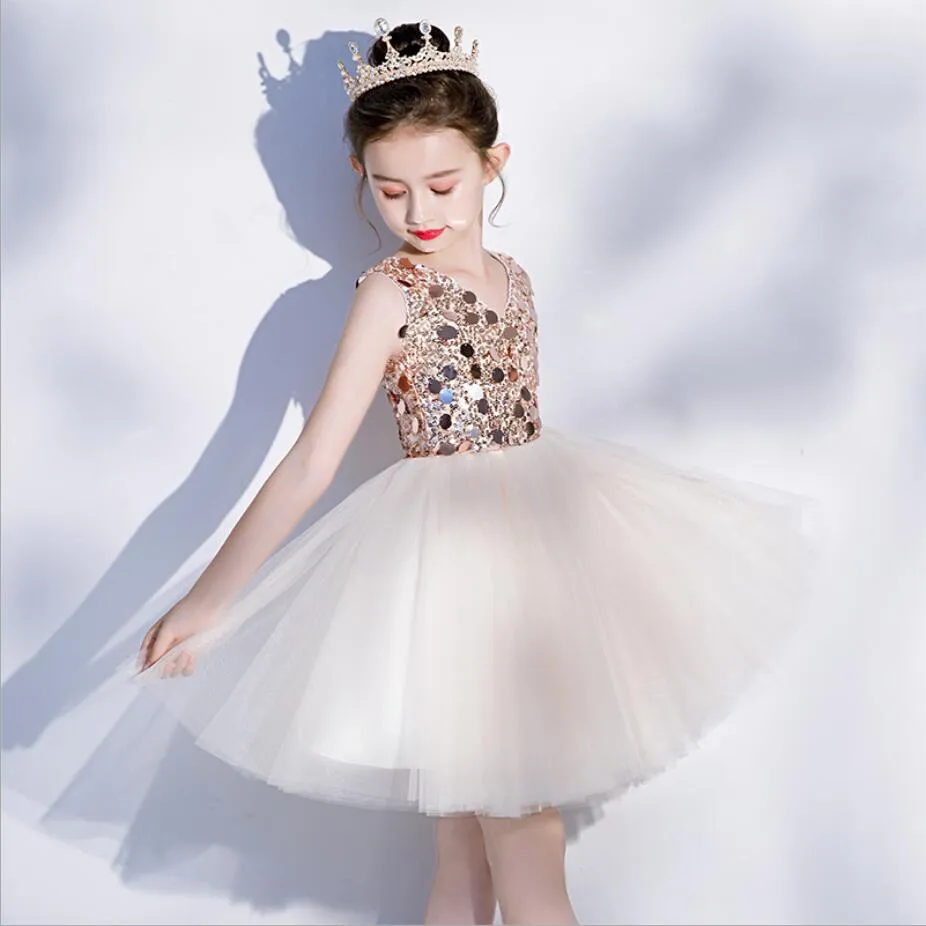 Lace Ball Gown Flower Girls Dresses For Wedding Sequin Birthday Gowns Golden Tulle Beading First Communion Dresses