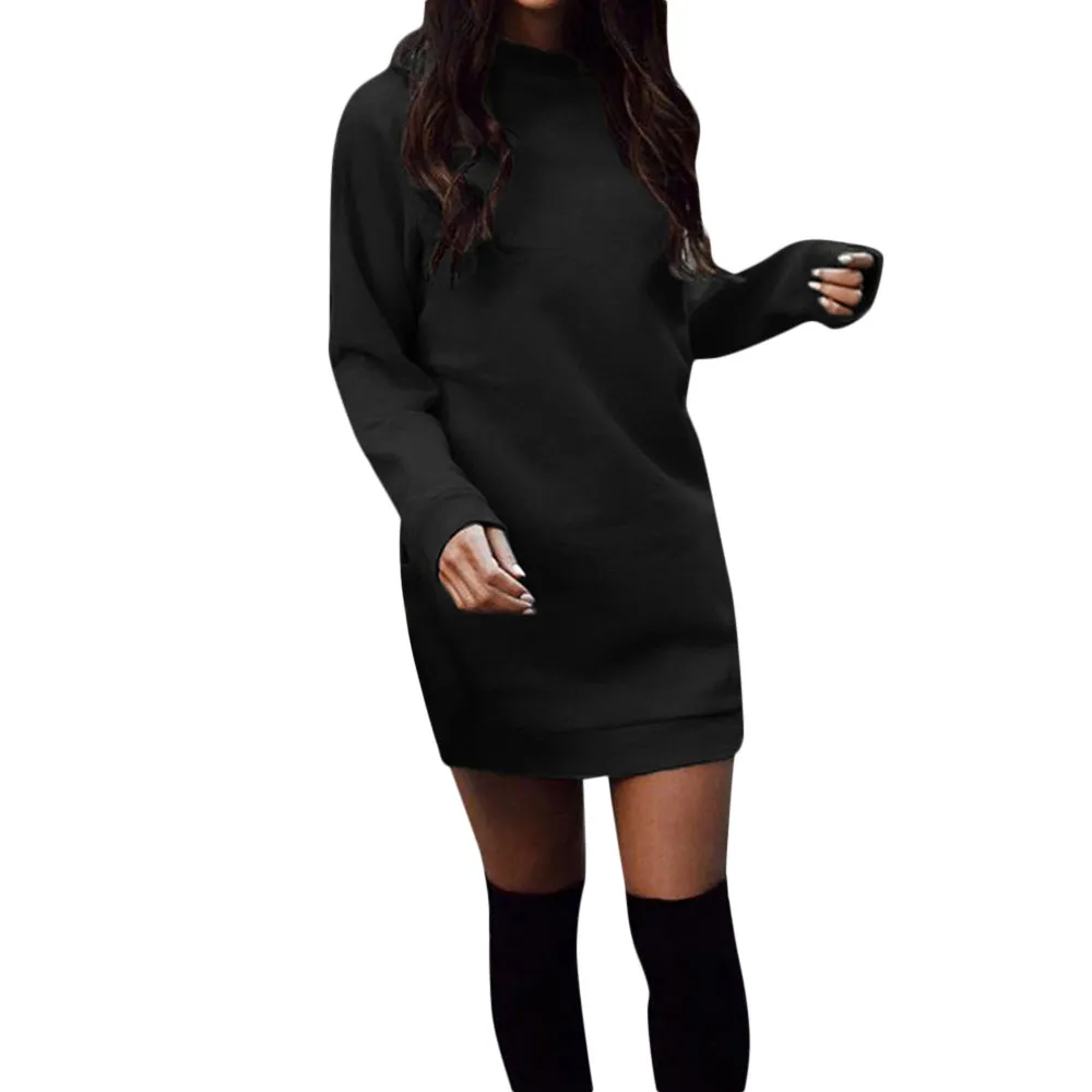 Fashion Women Winter Casual Dresses Warm Sweatshirt Dress Round Neck Thicken Long Sleeve Party Mini Dress Party Solid Slim Dress