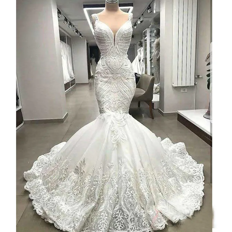 Long wedding dress with wide straps, embroidered pattern and train EVM – EV  Milano
