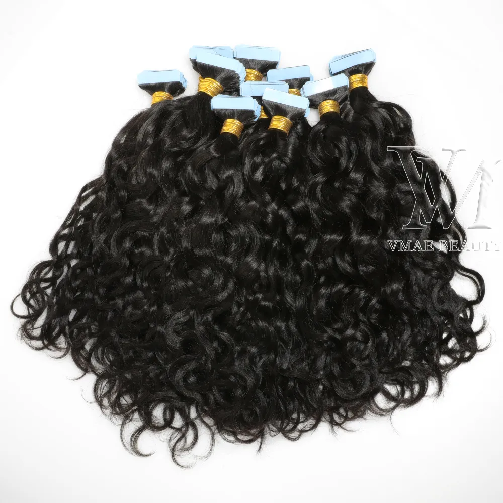 VMAE Virgin Natural Tape in Human Hair Extension 100G Afro Kinky Curly Water Water Głęboka Fala prosta 3b 3c 4b 4c