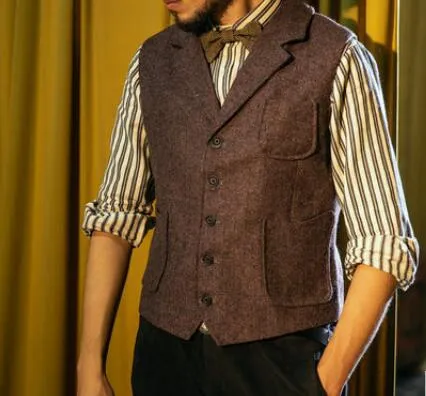 2020 Bristish Casual Groom Gilets Peaked Revers Laine Brun Foncé Chevrons Tweed Garçons D'honneur Tenue Hommes Costume De Bal De Mariage Gilet Robe 12