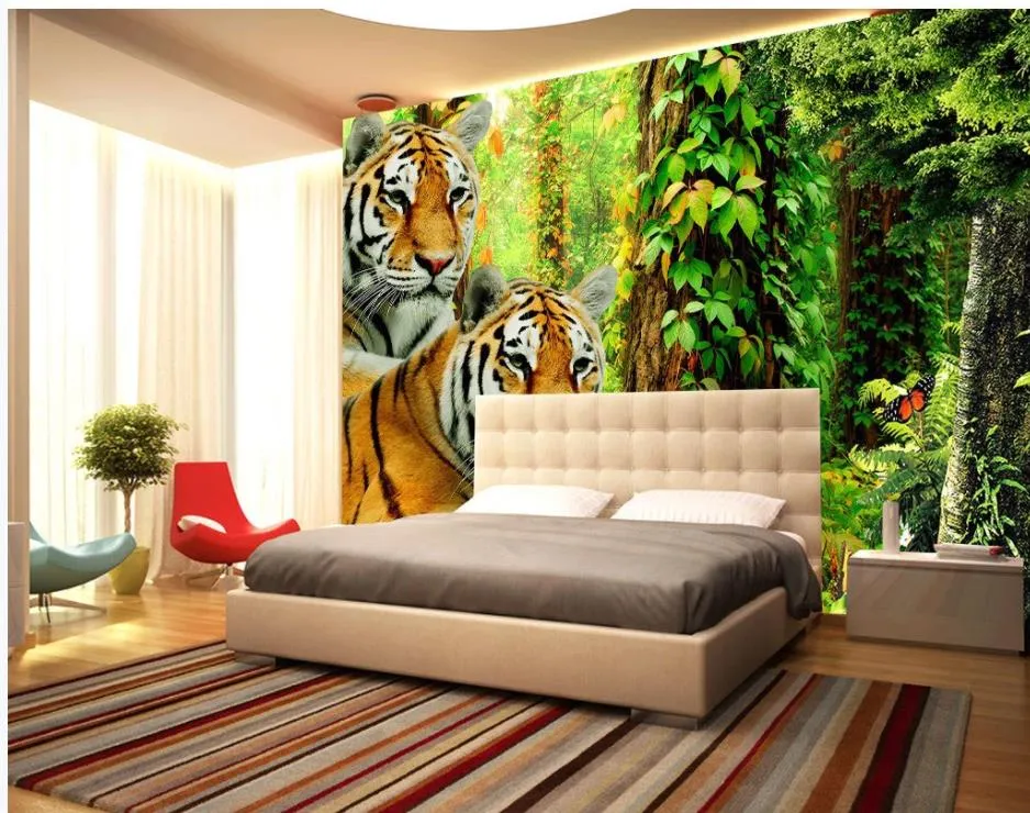 parede tigre selva floresta mural 3d papel de parede papéis de parede em 3D  para TV pano de fundo