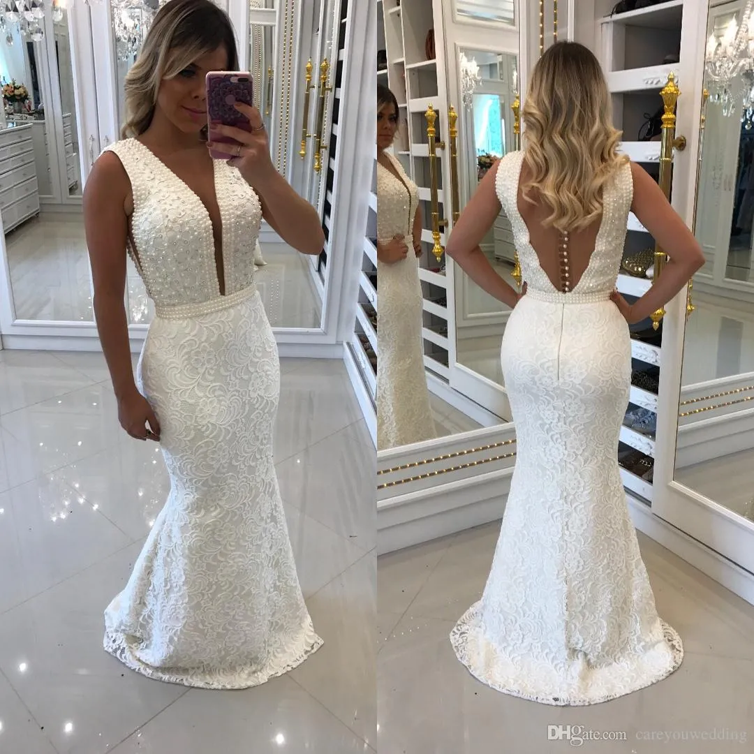 Sexy diepe v-hals 2019 nieuwe zeemeermin prom jurken kralen parels kant applique backless party jurken jurken avondkleding formele jassen