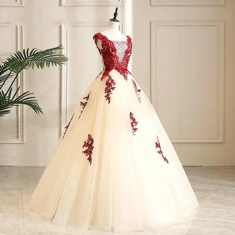 Dark Red Lace Appliques A-line Wedding Gown V-Neck Floor-Length Tulle Bridal  Dress from Dhgate A-Line Wedding Dresses