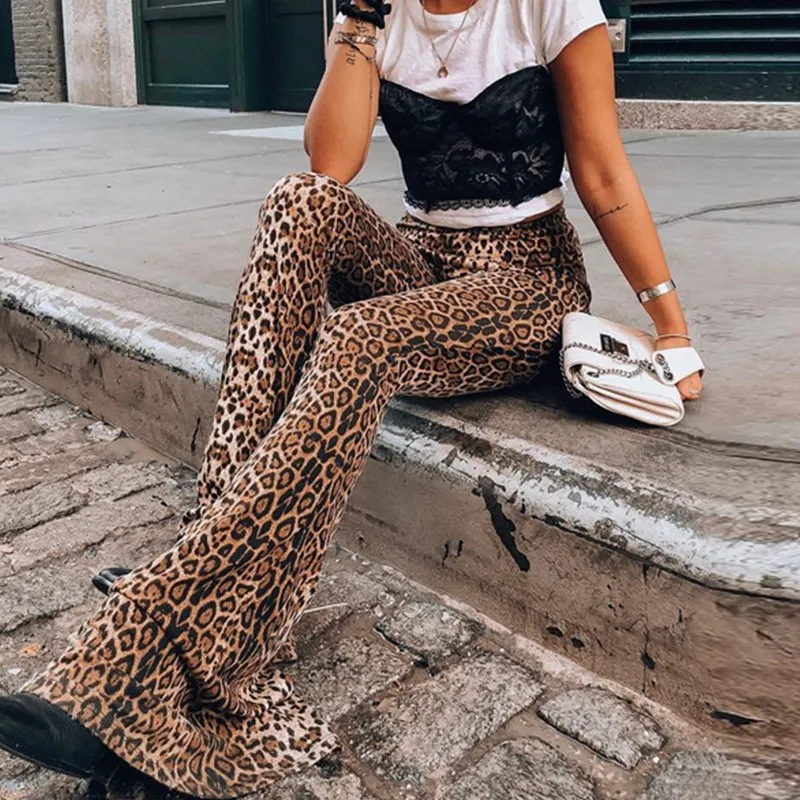 2020 Hot Leopard Print Flare Lange Broek voor Dames Mode Vintage Sexy Bodycon Broek Hoge Taille Street Pants 90s Girls