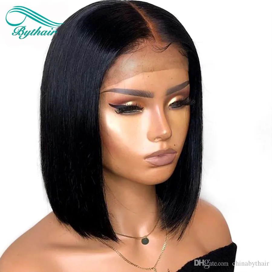 Bythair Short Bob Silky Straight Peruvian Human Hair Full Lace Wigs Baby Hairs Pre Plucked Natural Hairline Lace Front Wig Bleached Knots