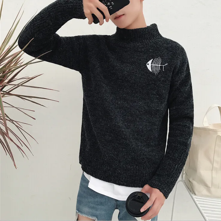 Fashion-Sweater Mens Black Cat and Fish Printed Men Women Lovers Winter Sweater Shirt