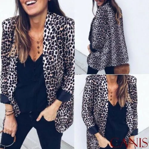 Casual femmes imprimé léopard Blazer col en V Slim veste manteau Vintage Outwear High Street nouvelle mode