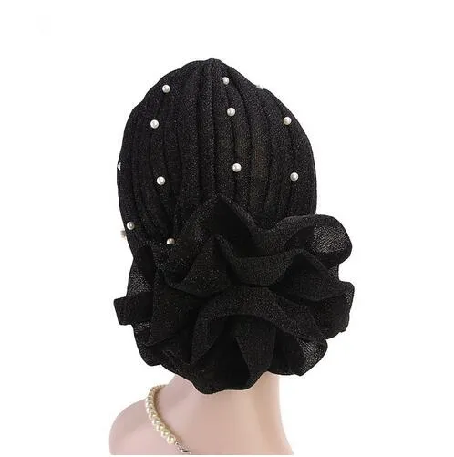 Beaded Glitter Turban Headband with Big Flowers