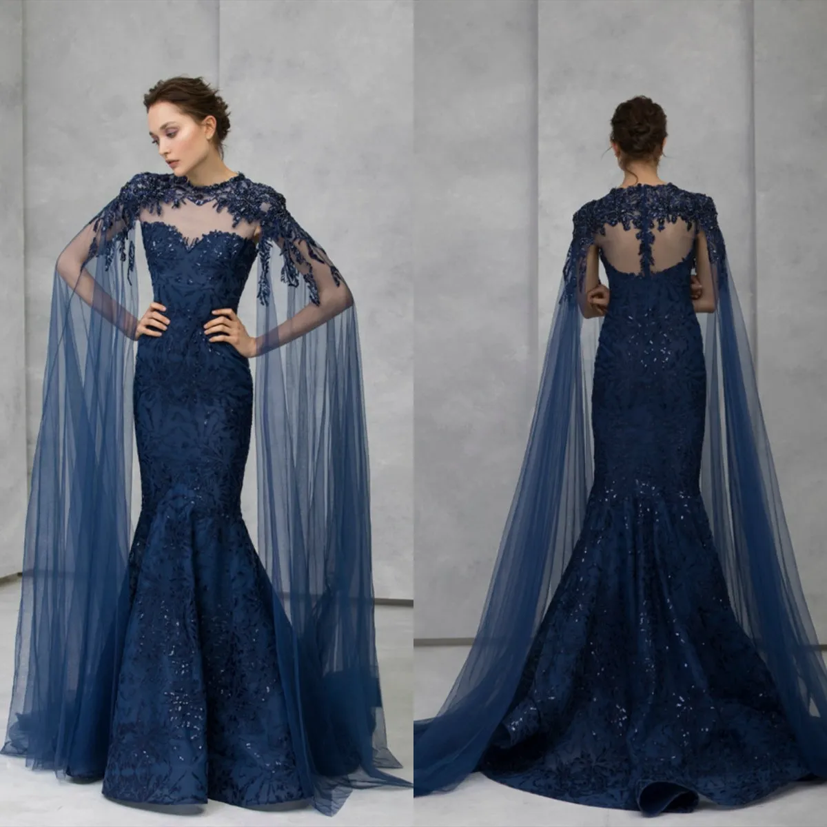 2020 Wspaniałe suknie wieczorowe z wrap Cape Lace Appliqued Zroszony Mermaid Prom Dress Tony Ward Formal Party Suknie szaty De Soirée