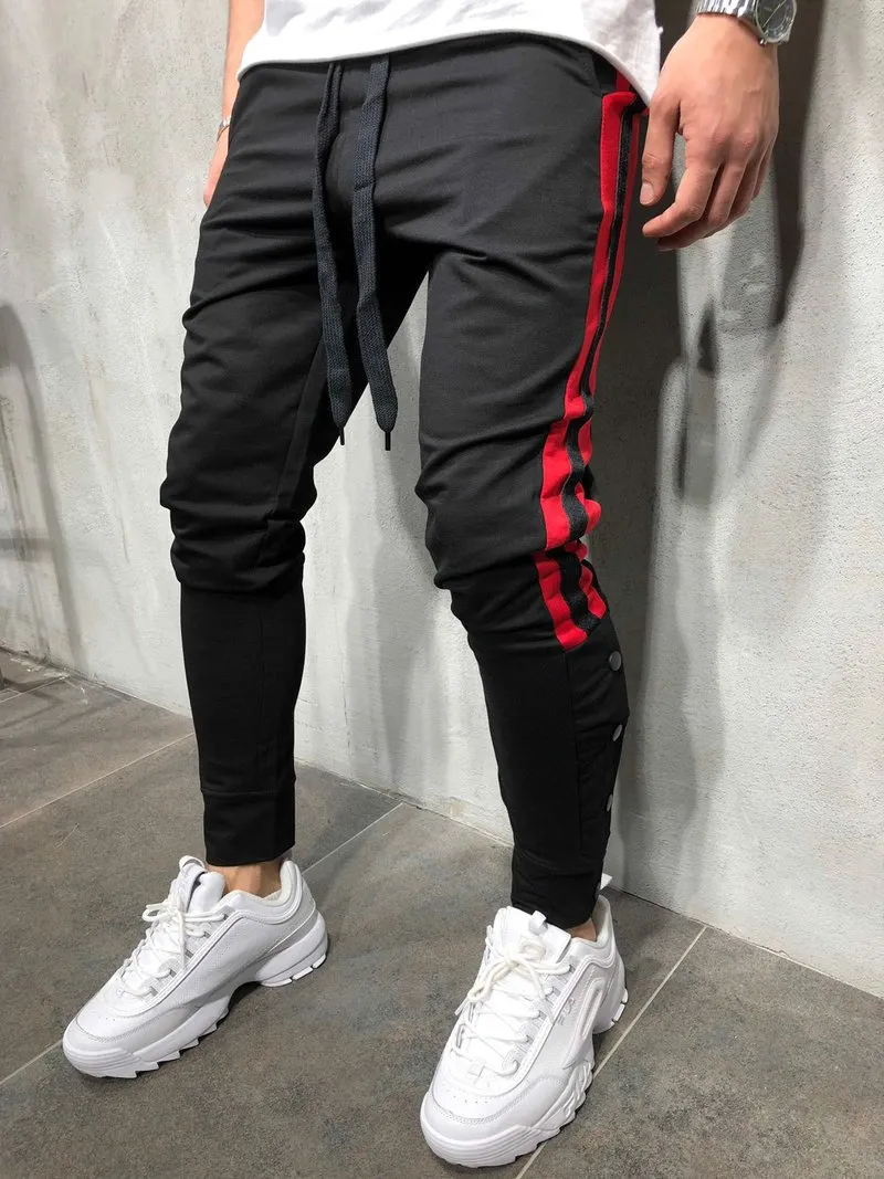 Mens Side Stripped Joggers Yellow Black Contrast Color Pants Slim Fit Buttons Design Fashion Pant