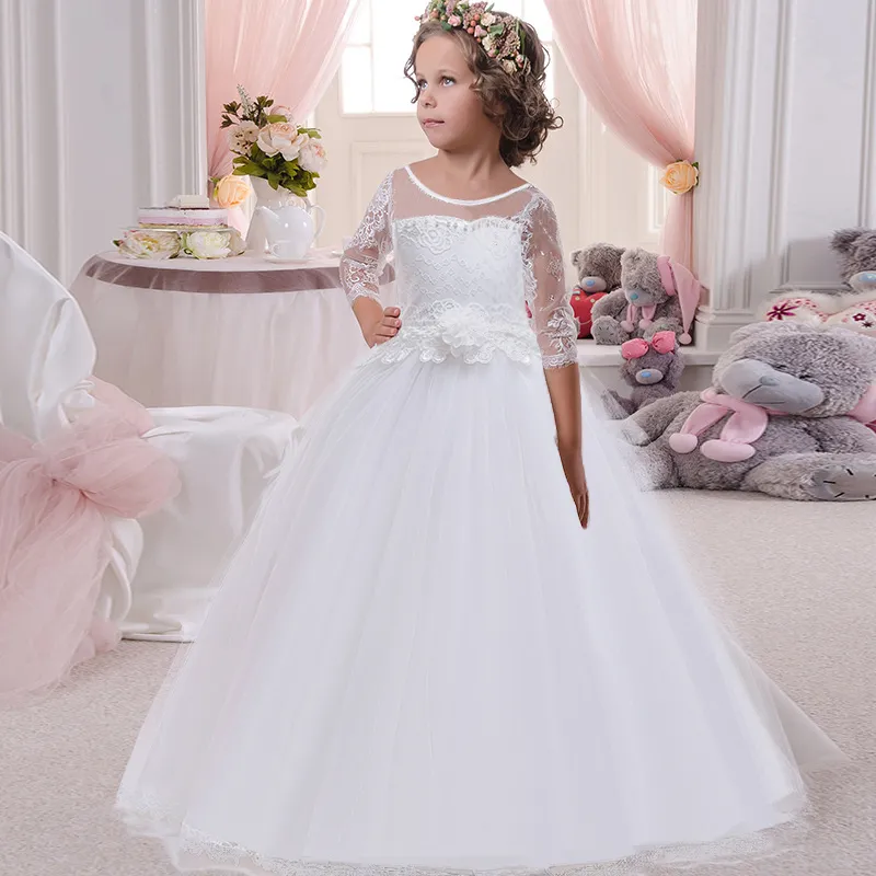 Vestido largo de fiesta de noche de desfile de princesa para niñas, vestidos de primera comunión, Vestido elegante de flores blancas para niñas, Vestido esponjoso de comunión